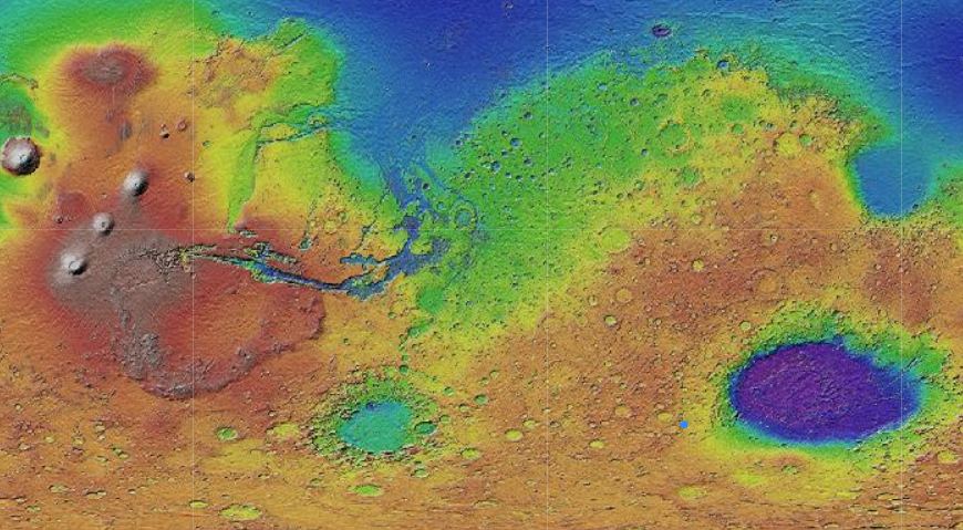 This image shows the position of Matara Crater in a global context of Mars.  Image credit: USGS