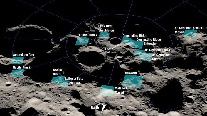 a map of the lunar surface with 13 proposed landing sites