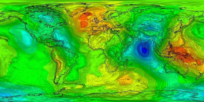 A world map is superimposed on a heat map of local gravity variations.  A blue dot appears in the Indian Ocean.