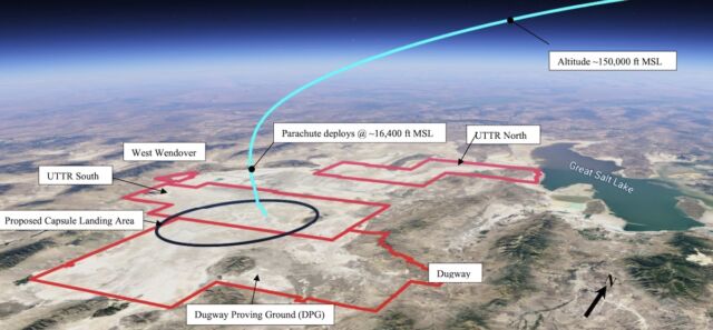 This graph from an FAA environmental assessment shows the predicted trajectory of Varda's reentry vehicle as it approaches the Utah Test and Training Range.