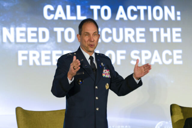 Lieutenant General John Shaw, Deputy Chief of the United States Space Command, speaks at the National Security Space Associations 2023 Defense and Industry Space Conference.