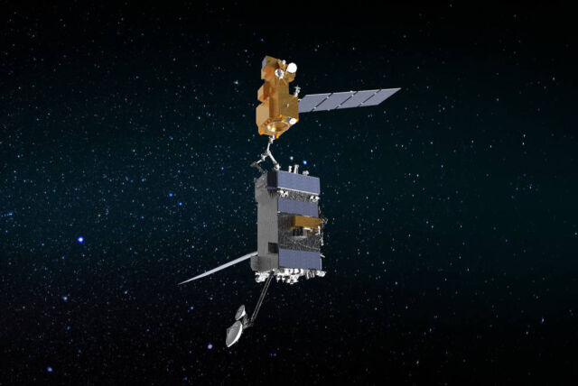 In this artist's illustration, NASA's OSAM-1 spacecraft uses robotic arms to grab Landsat 7, a satellite that was not designed for maintenance or refueling.