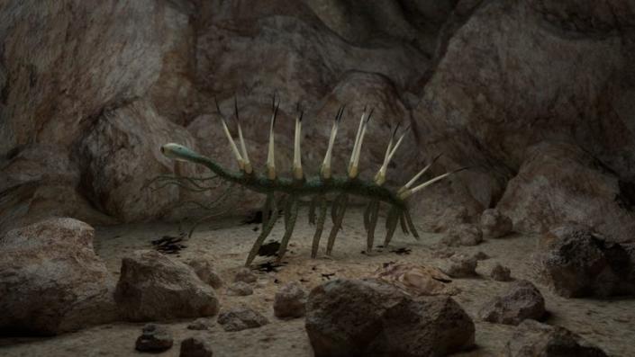 A reconstruction of the puzzling scattered Hallucigenia creature.