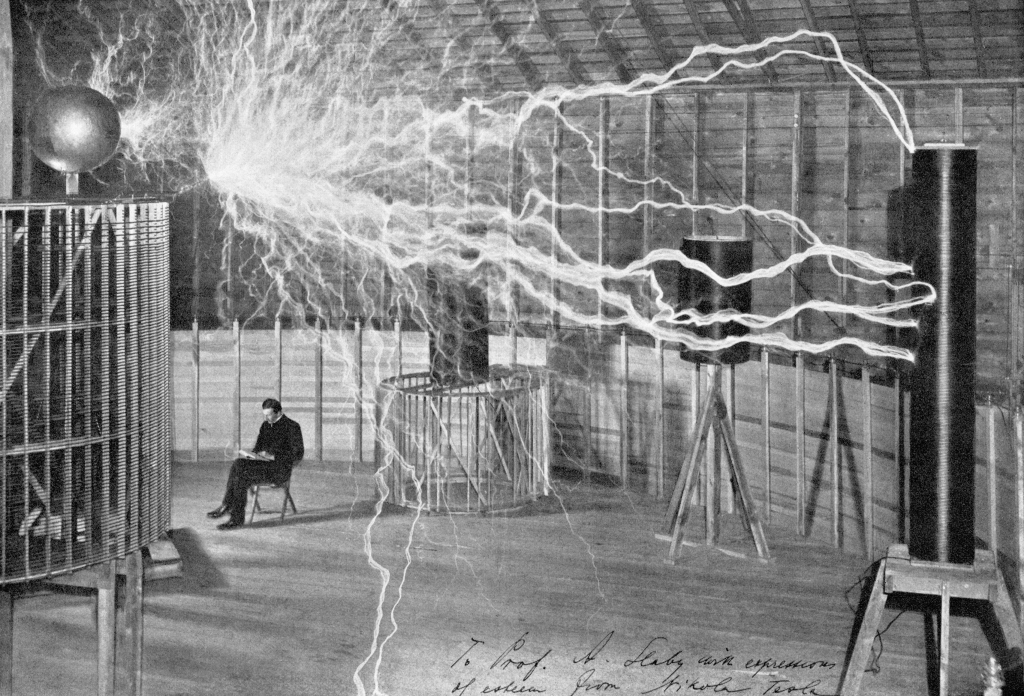 Generation of artificial lightning in Nikola Tesla's laboratory.  Undated illustration. 