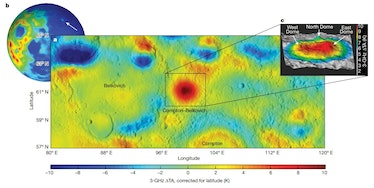 Three diagrams present different perspectives on the location of the granite on the Moon.  A sphere rep...
