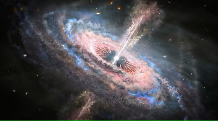 Time moving slow motion: Swirling galaxy in pink and blue with jets up and down shooting out of the glowing center.