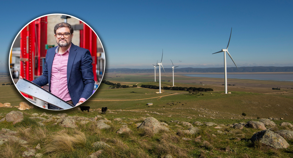 Inset: Dr. Ali Hadigheh holding recycled blade.  Background: A wind farm in Australia.
