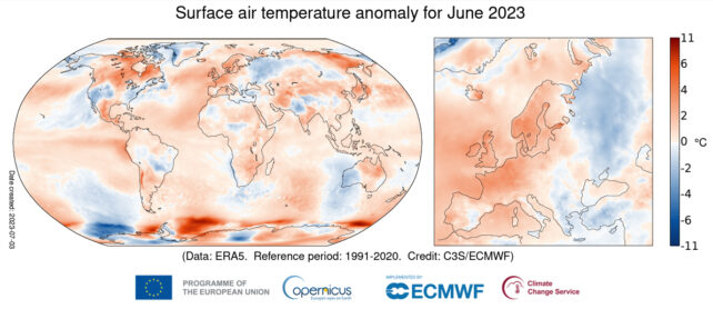A world map shows surface air temperatures for June 2023 compared to established averages from 1991 to 2020.