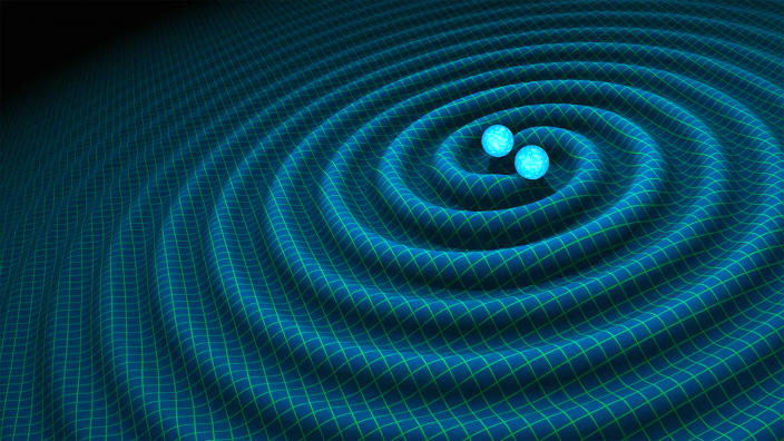 an artist's illustration of gravitational waves, showing spiral ripples on a gridded surface emerging from two merging spheres