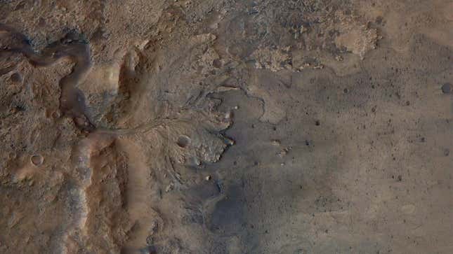 An ancient river delta flowing into the Jezero crater of Mars.
