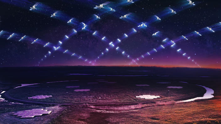 An artist's illustration of Starlink satellites above the LOFAR array.